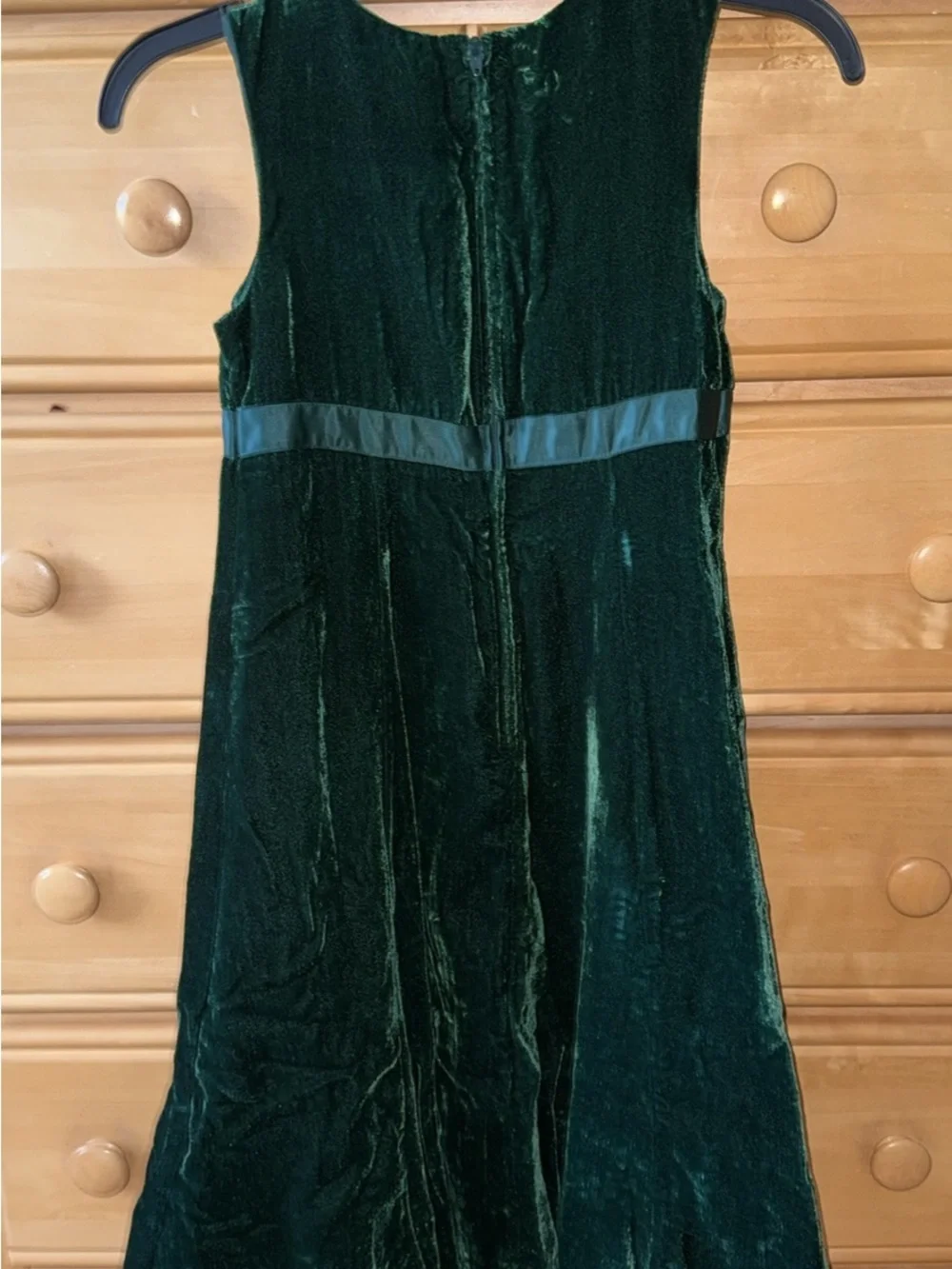 Dark Green Velvet Dress with Satin Waistband
